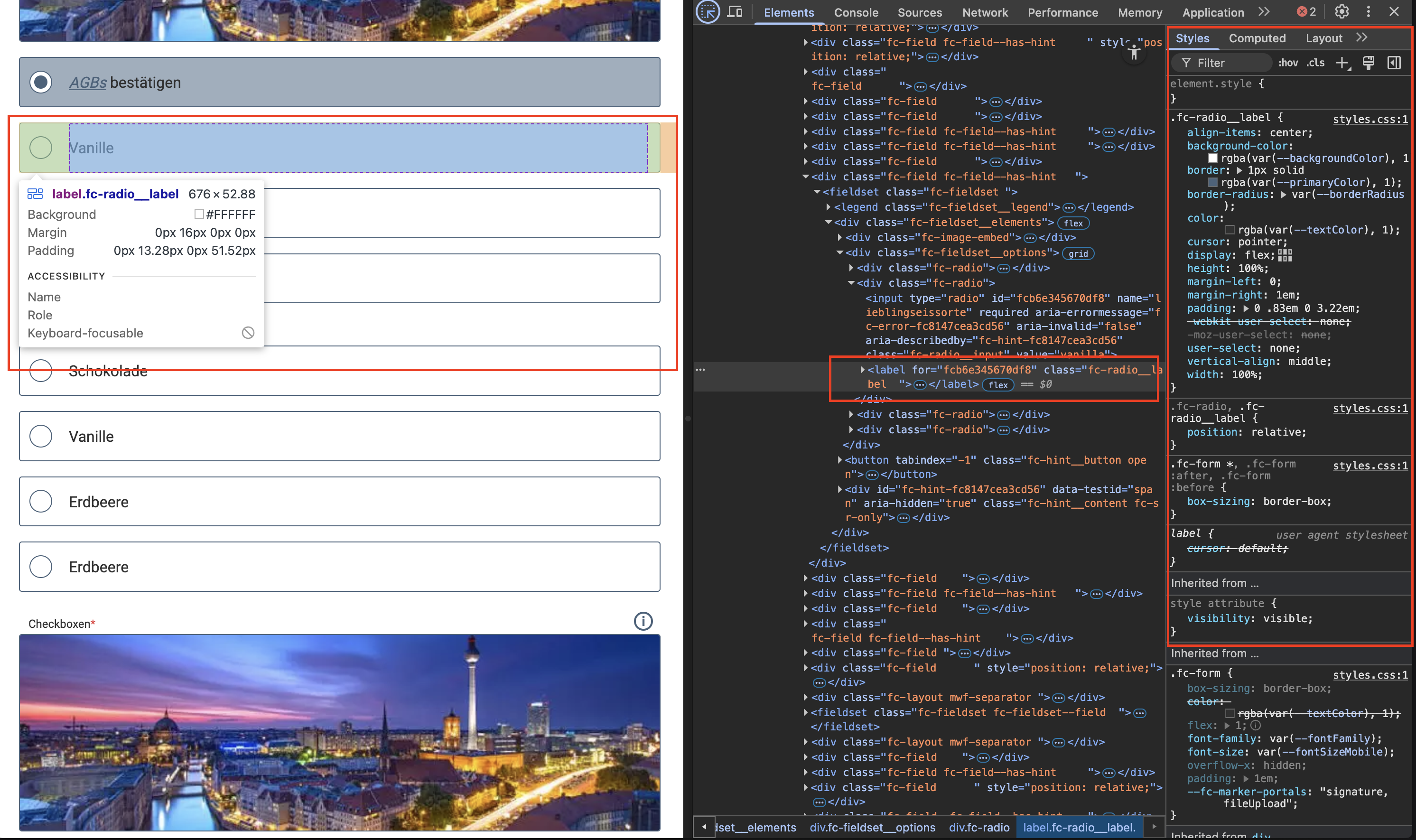 Screenshot of a web form with the browser’s developer tools open. A radio group label is highlighted in both the form and the HTML code using the element inspection tool.