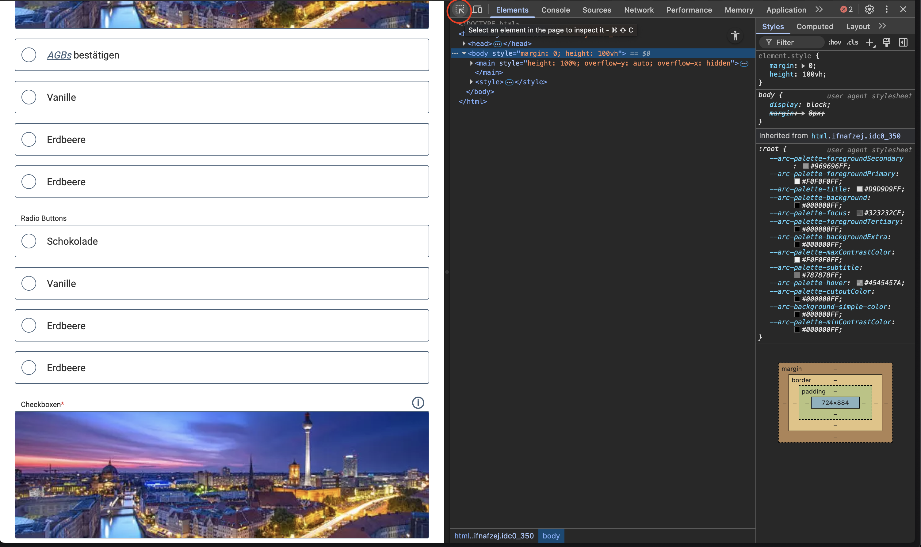 Screenshot showing a form on the left with a selected area, and the HTML structure of the corresponding element highlighted in the browser developer tools on the right.
