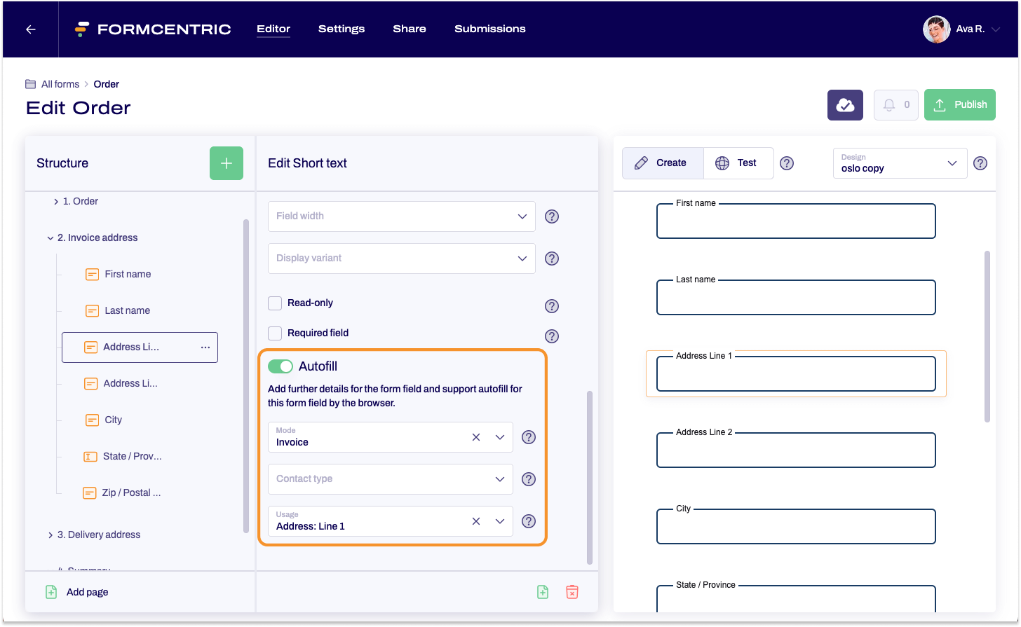 The editor is visible. A form is being edited. The form element Short Text is being modified. For Autofill, the mode Invoice and usage First Name are selected.