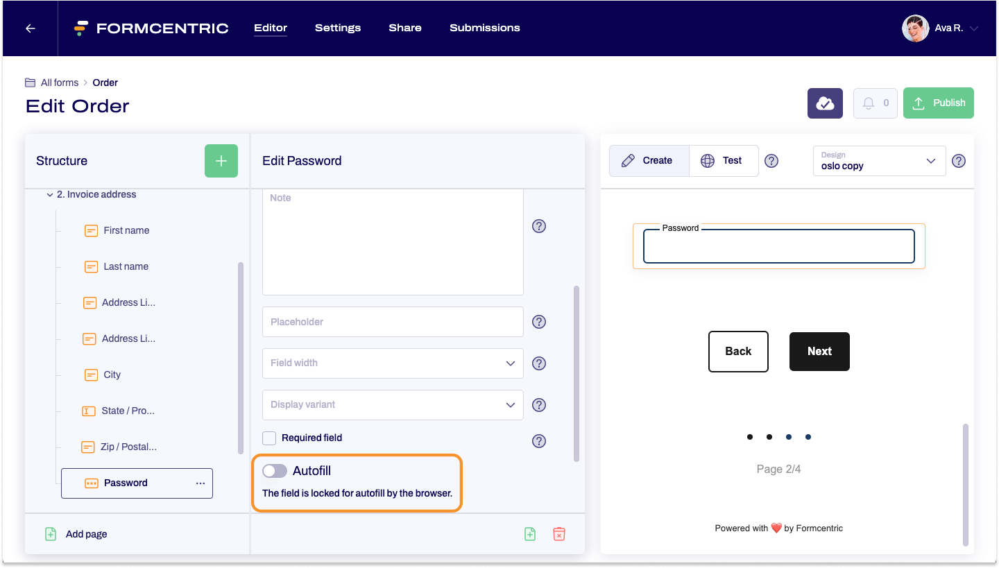 The editor is visible. A form is being edited. The Password form element is being edited. Autofill is locked.