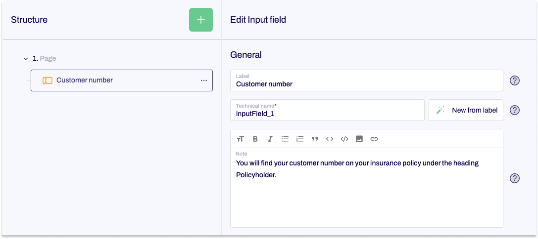 Form tree with one input field. In the editing area note text ist entered in the Note input field.