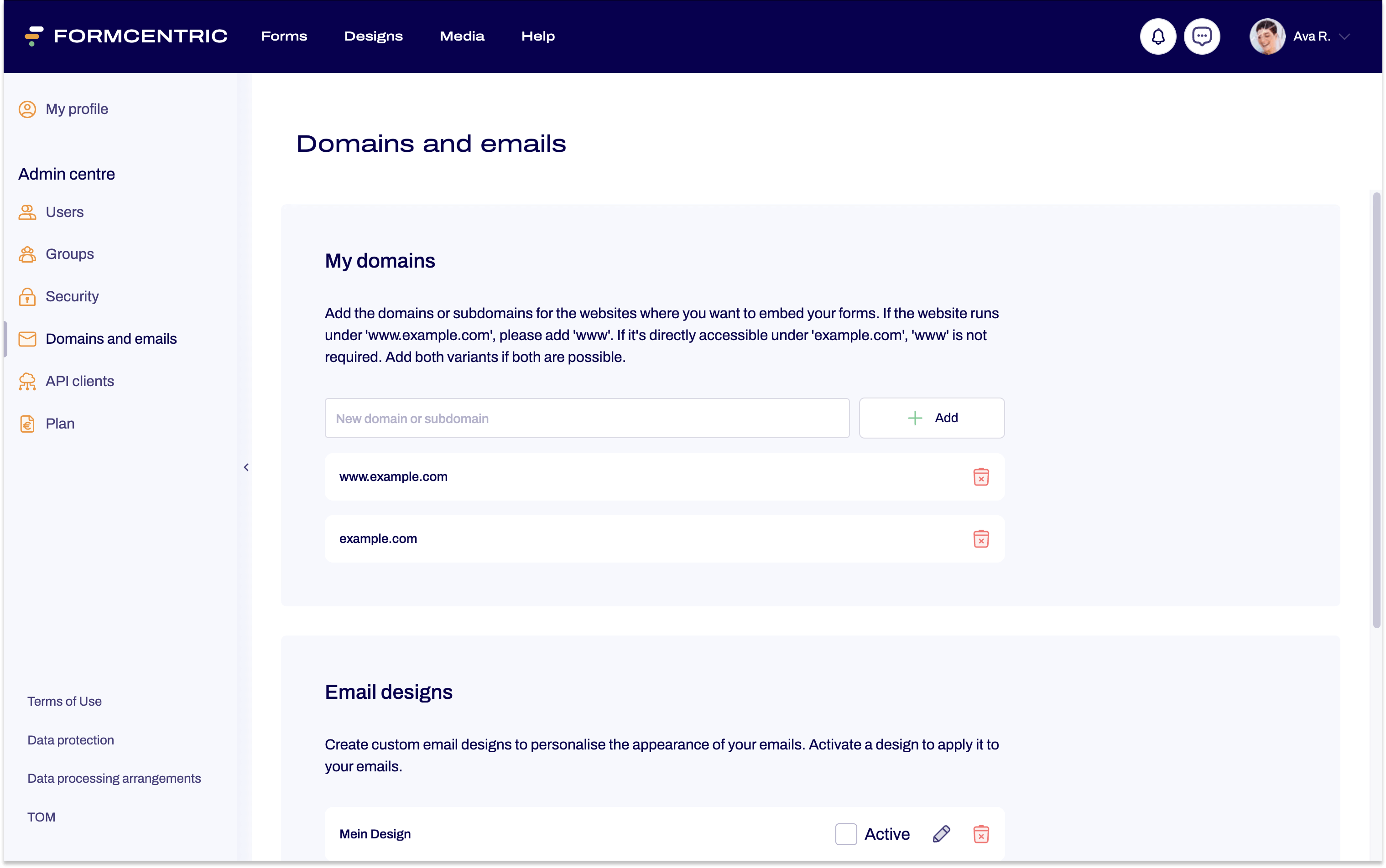 The Domains and emails area is open. The domains example.com and www.example.com are entered in the My domains area.