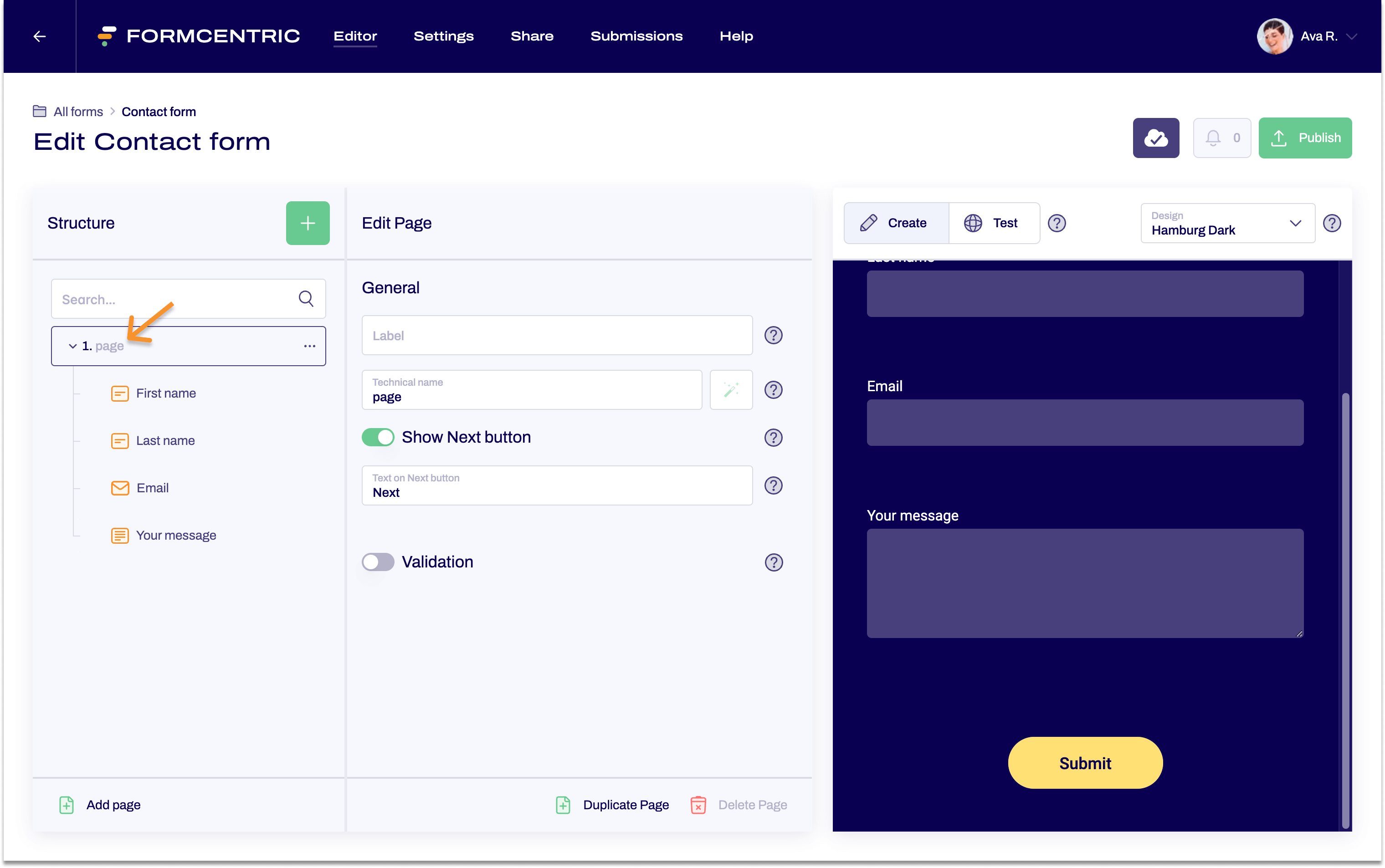 The editor is open. An arrow points to the form page at the top of the form tree in the Structure area.