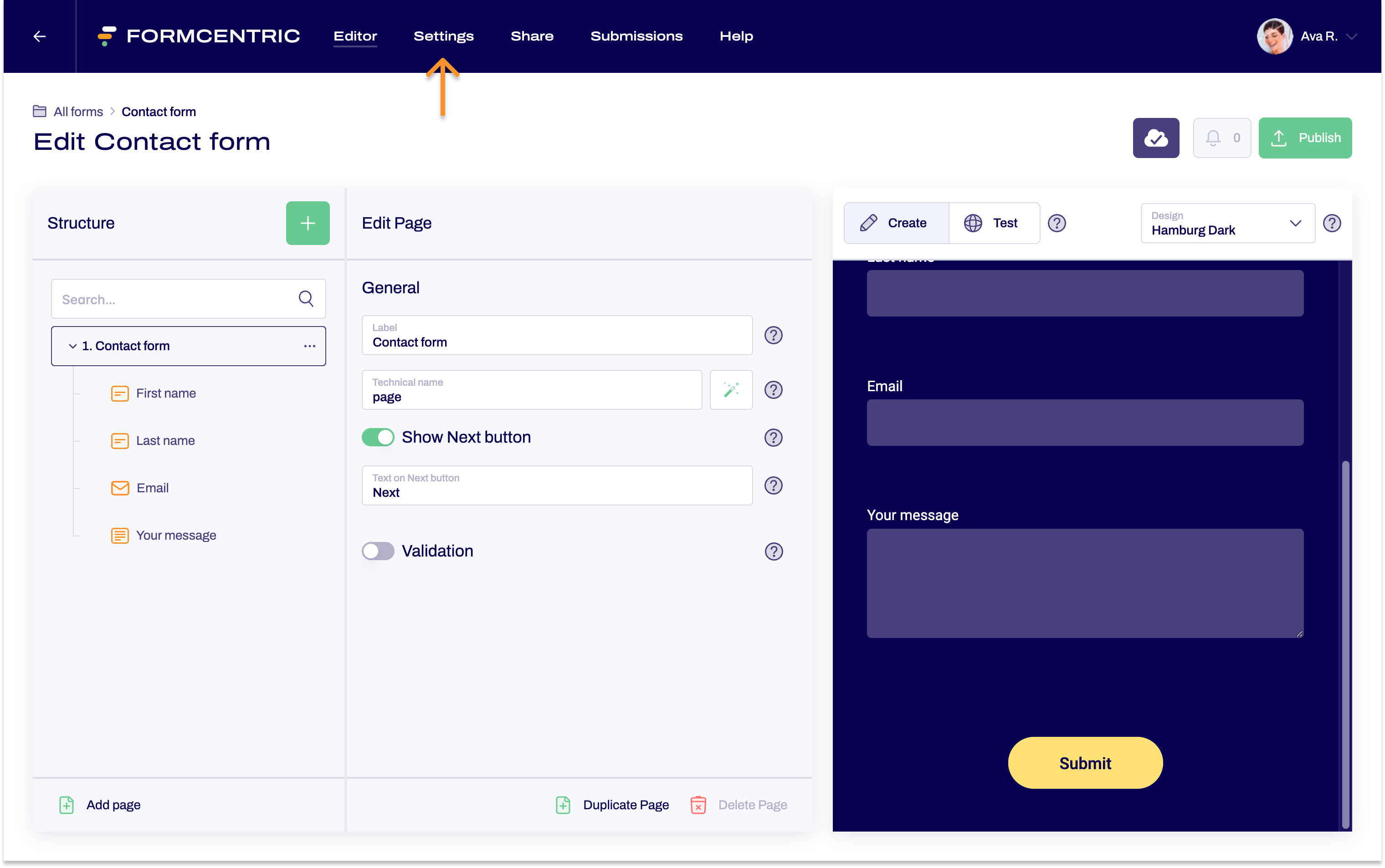 The editor is open. A contact form has been created. An arrow points to the Settings area at the top.