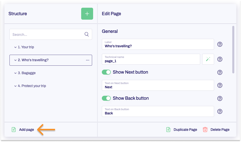 Screenshot of a section of the Editor showing the form tree and editing area. An arrow points to New page. 