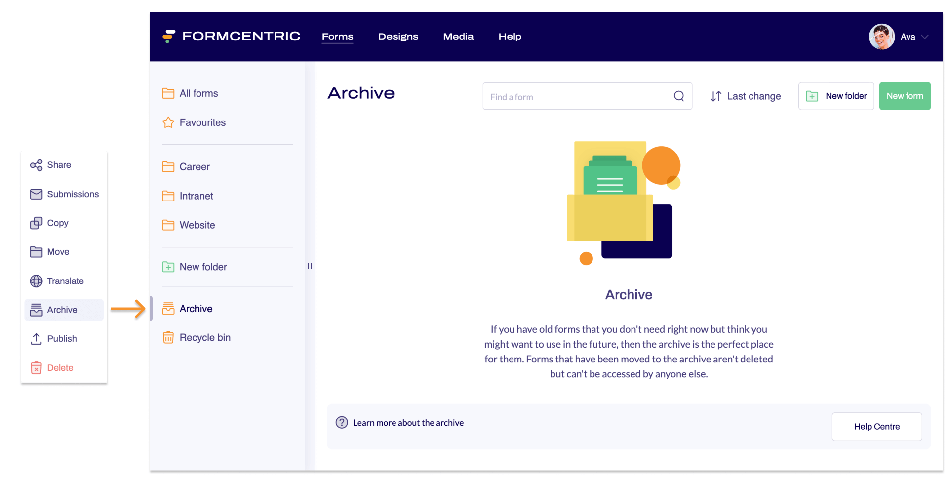 Screenshot with the context menu of the context menu link and the Forms area and an arrow pointing to Archive.