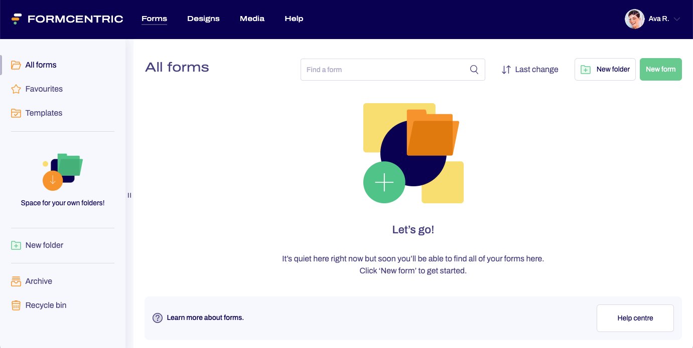Screenshot of the Forms area with no forms and no folders.