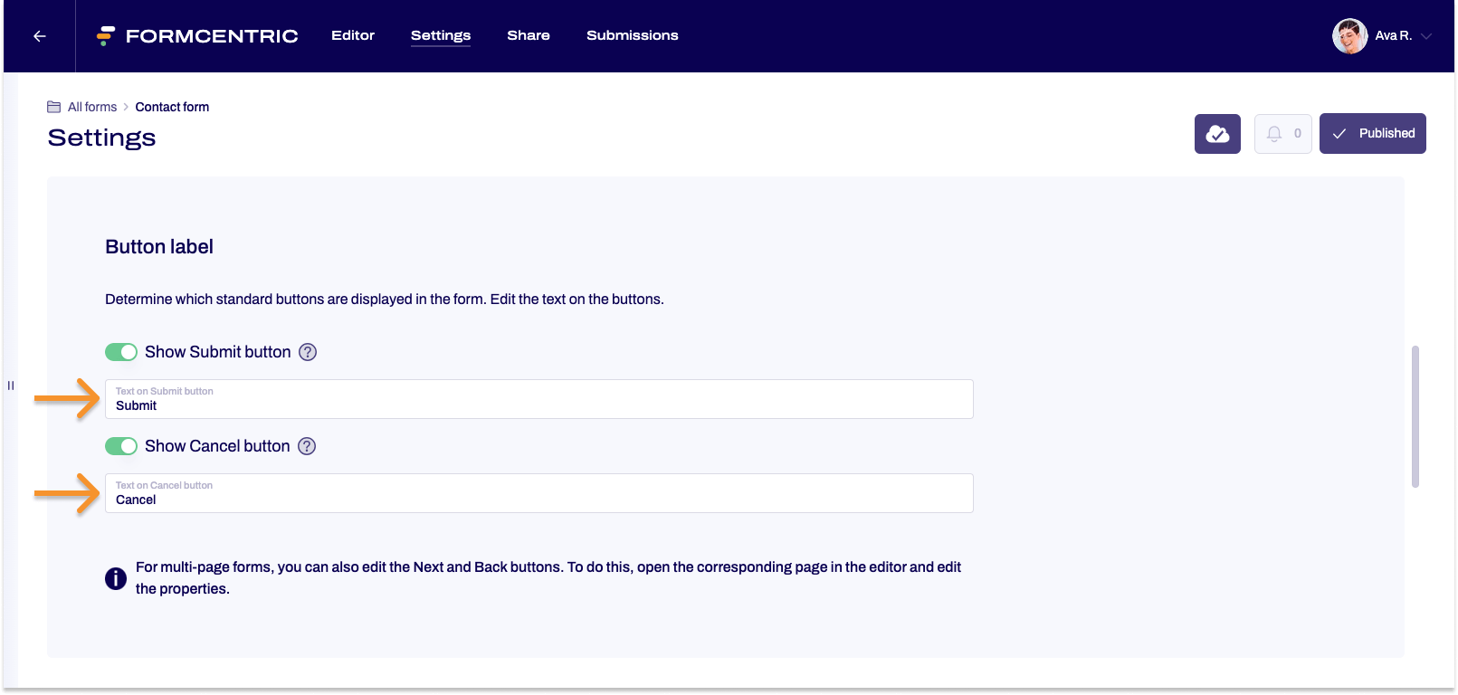 Section from the Settings area. Arrows point to Cancel button and Submit button.