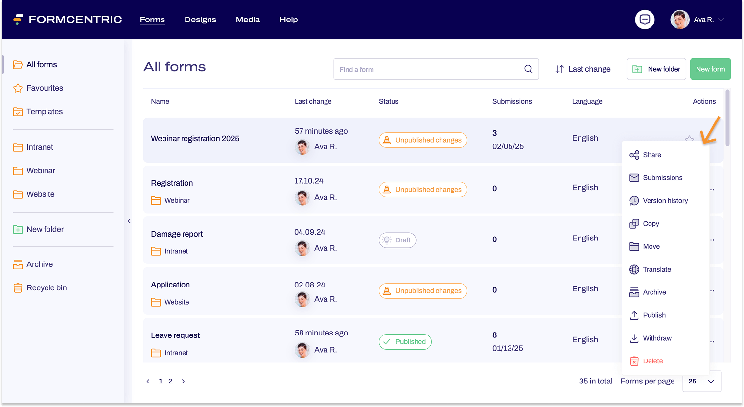 Screenshot of the context menu with actions.
