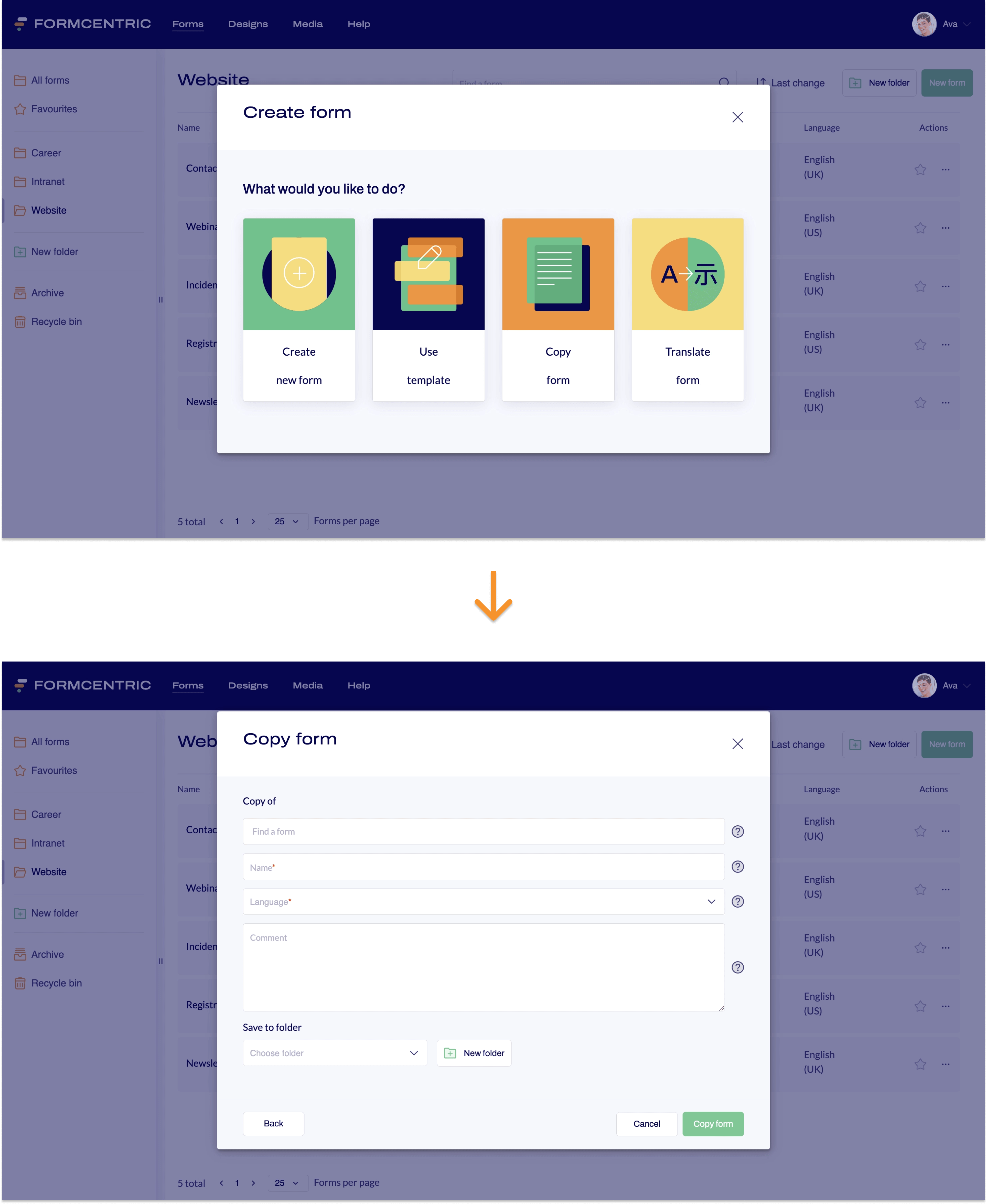 Screenshot of the Create form dialog window. Below this, an arrow points to a screenshot with the Copy form dialog window.