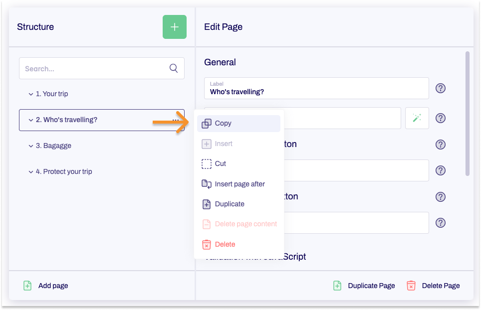Screenshot of a section of the Editor showing the form tree and editing area. An arrow points to Copy in the context menu. 