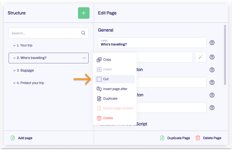 A section of the Editor showing the form tree and editing area. An arrow points to Cut in the context menu.