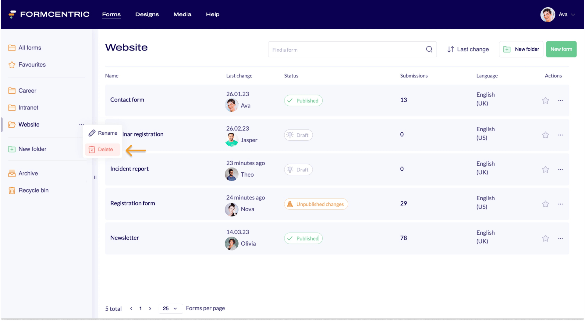 Screenshot of the Forms area with an arrow pointing to Delete in the open context menu.
