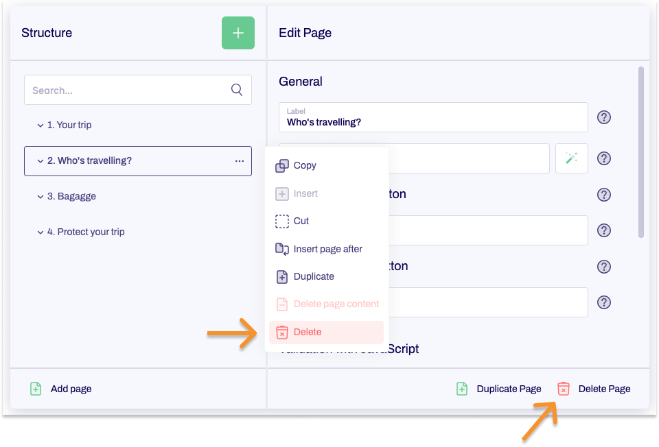 A section of the Editor showing the form tree and editing area. An arrow points to Delete, another to Delete page. 