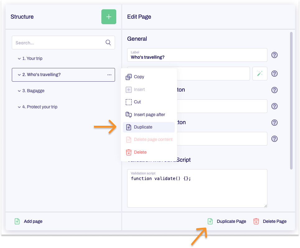 A section of the Editor showing the form tree and editing area. An arrow points to Duplicate, another to Duplicate page.