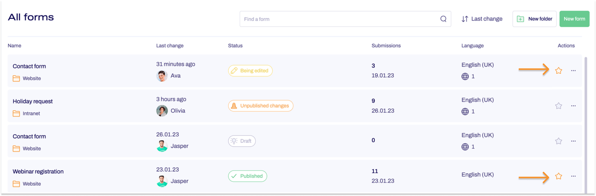 Screenshot of a section of the Forms area with arrows pointing to the orange coloured stars.