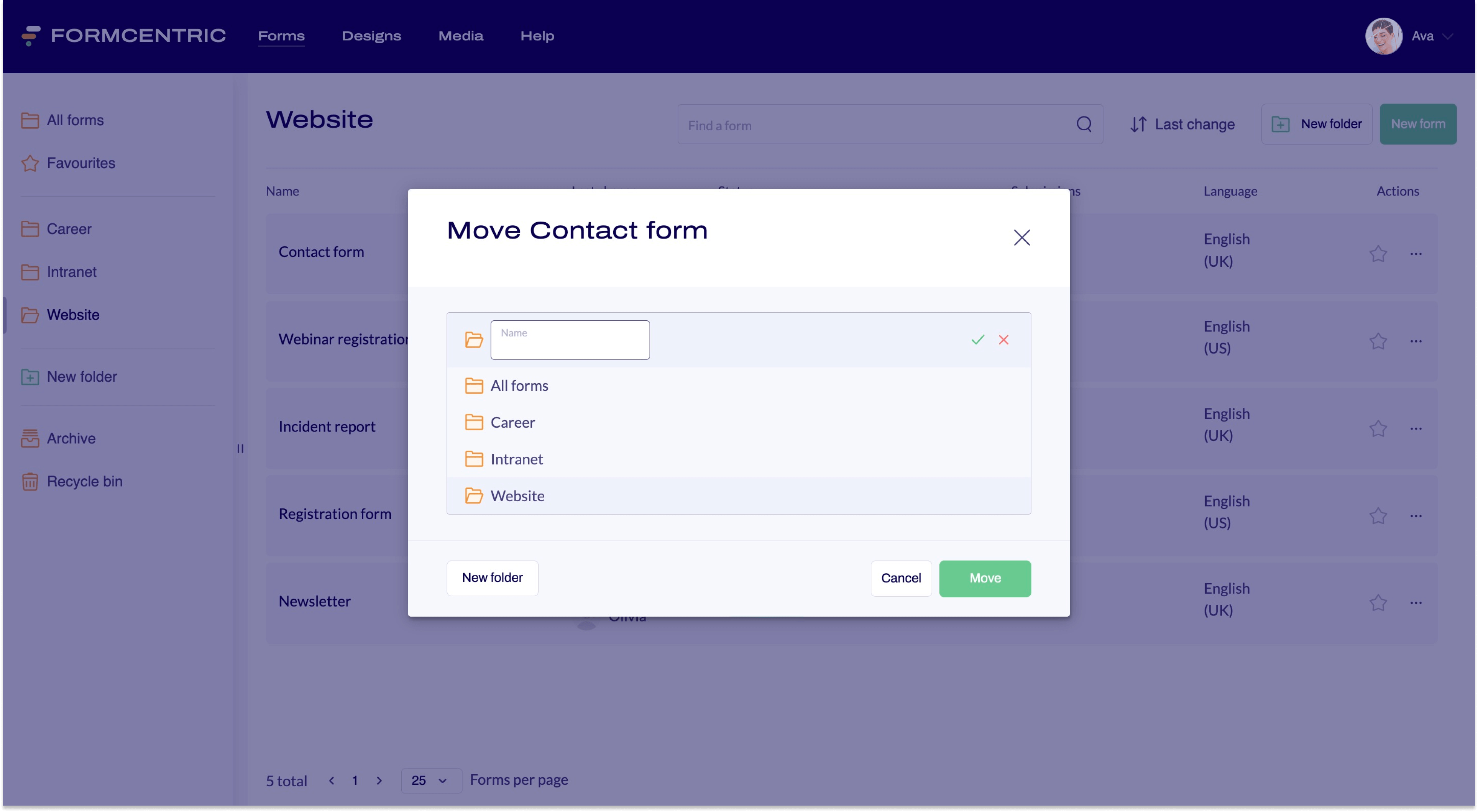 Screenshot of the dialogue window Move Contact form.