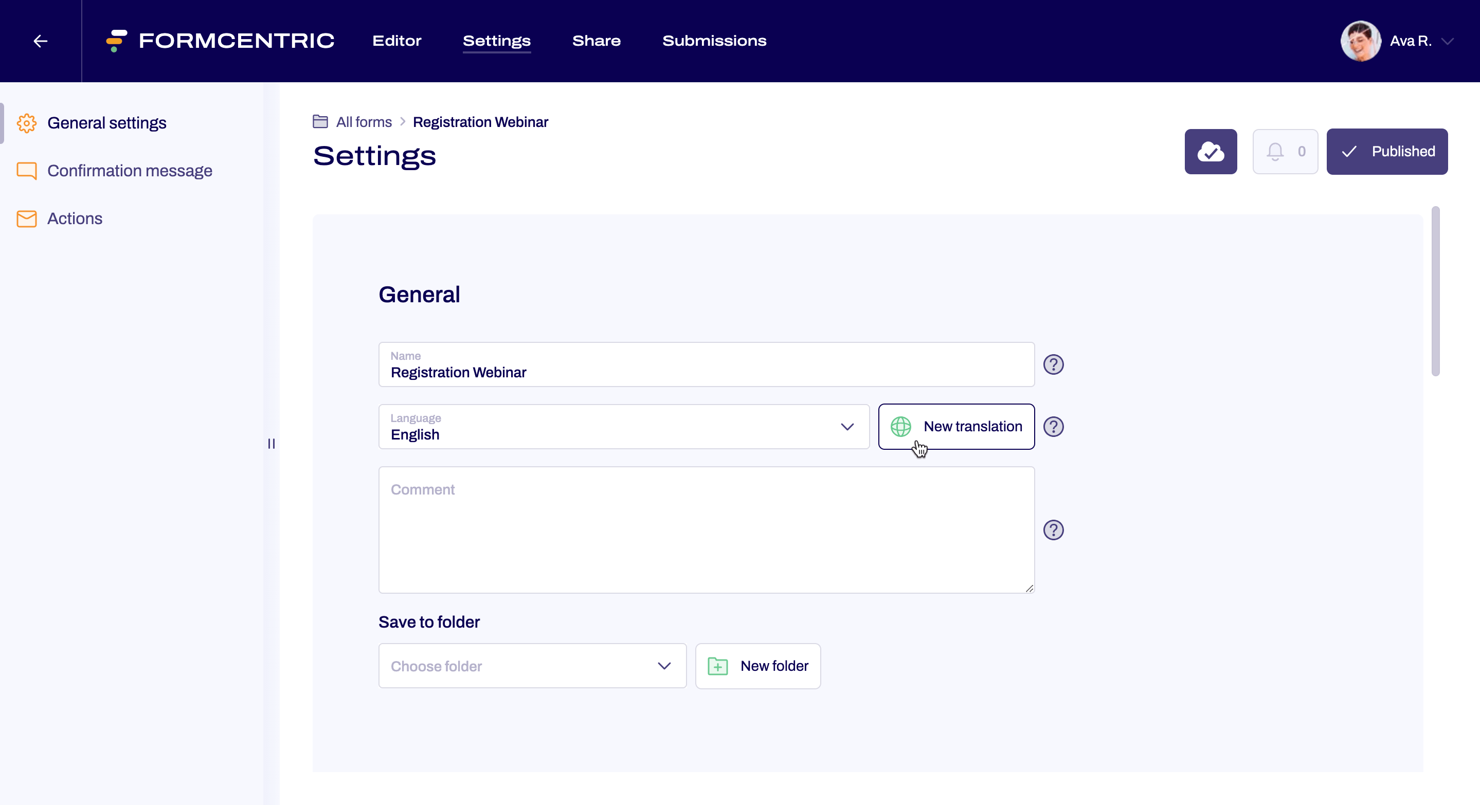Screenshot of the Settings area. An arrow points to the button that can be used to create translations.