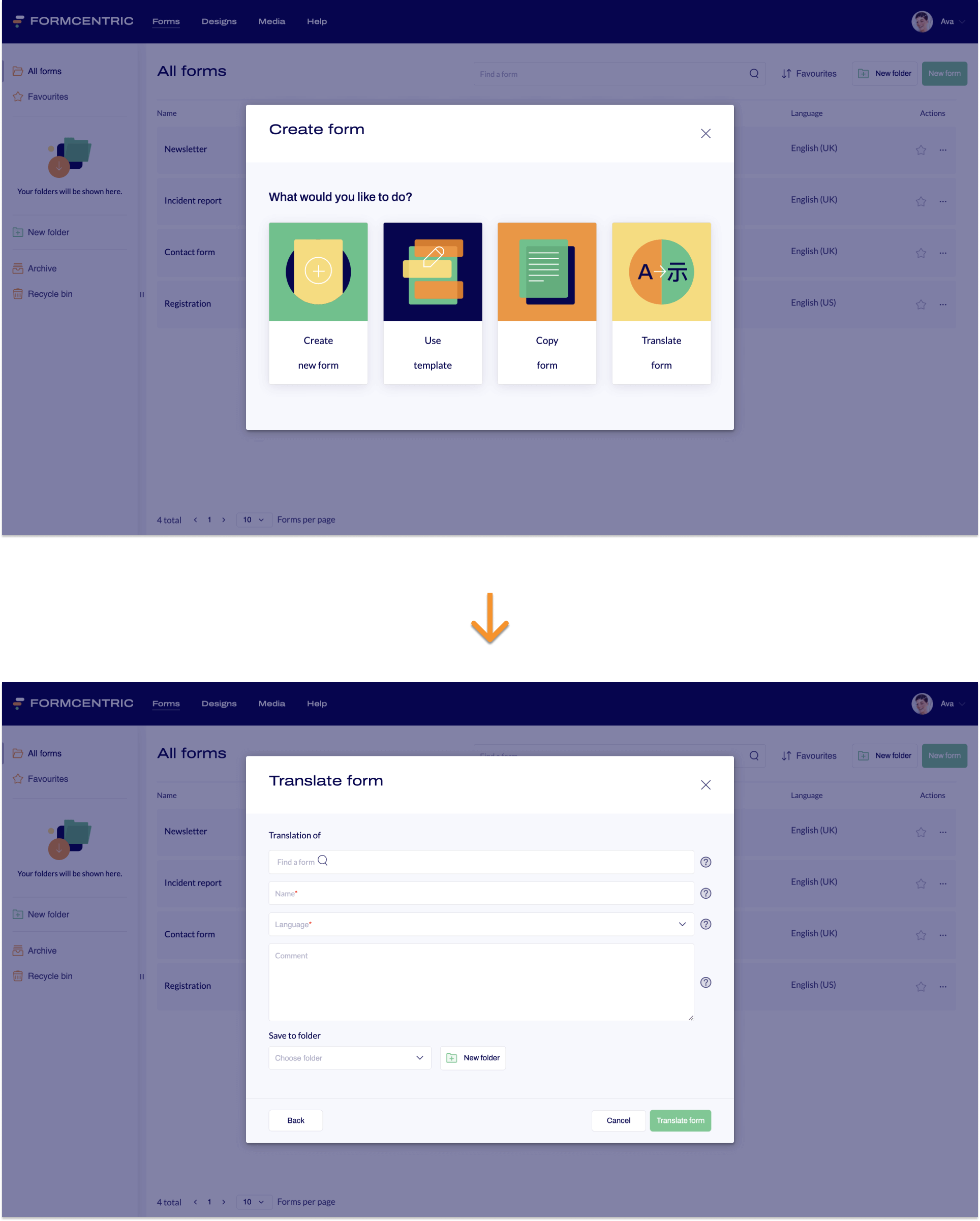 Screenshot of the Create form dialog window. Below this, an arrow points to a screenshot with the Translate form dialog window.