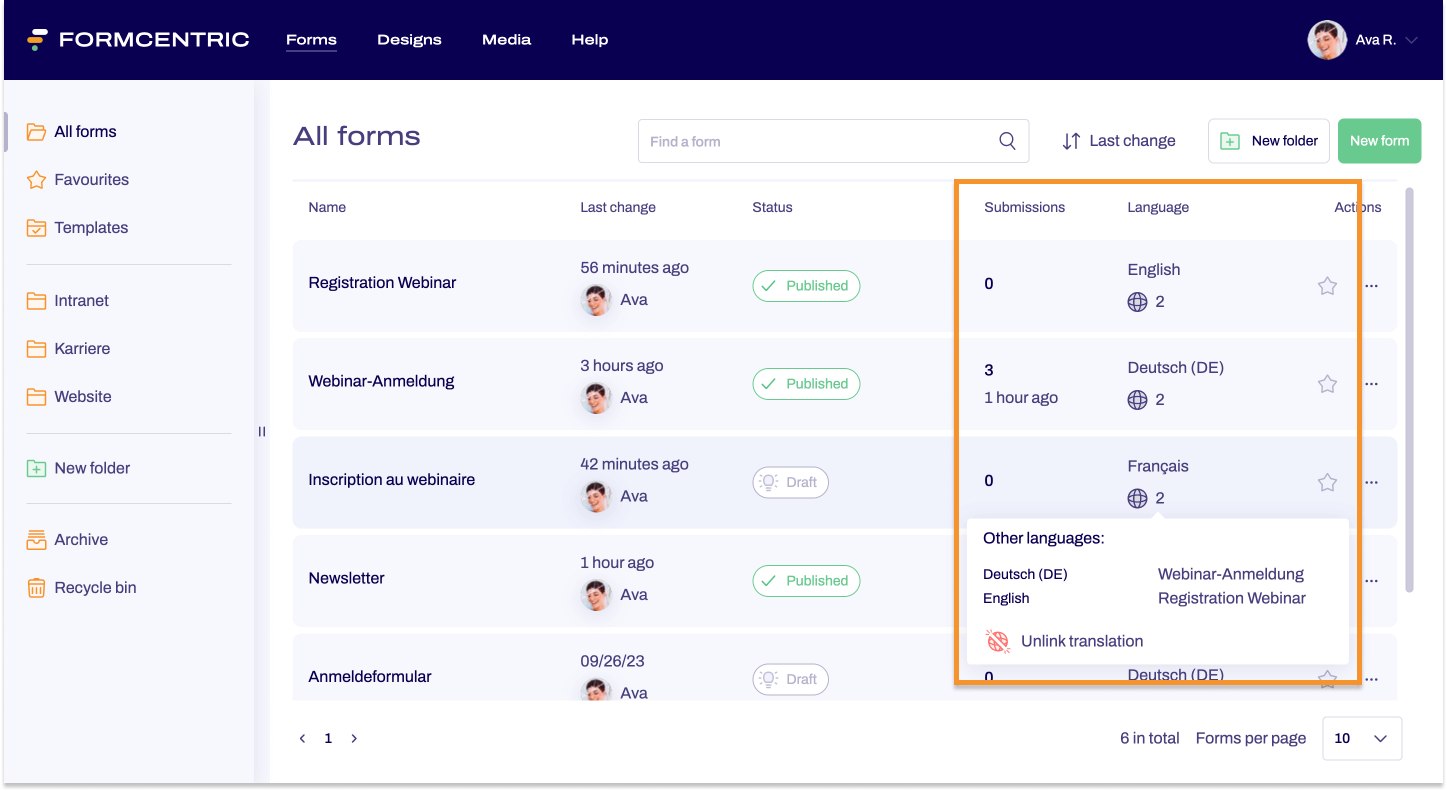 The Form area is shown and the column Language is highlighted.