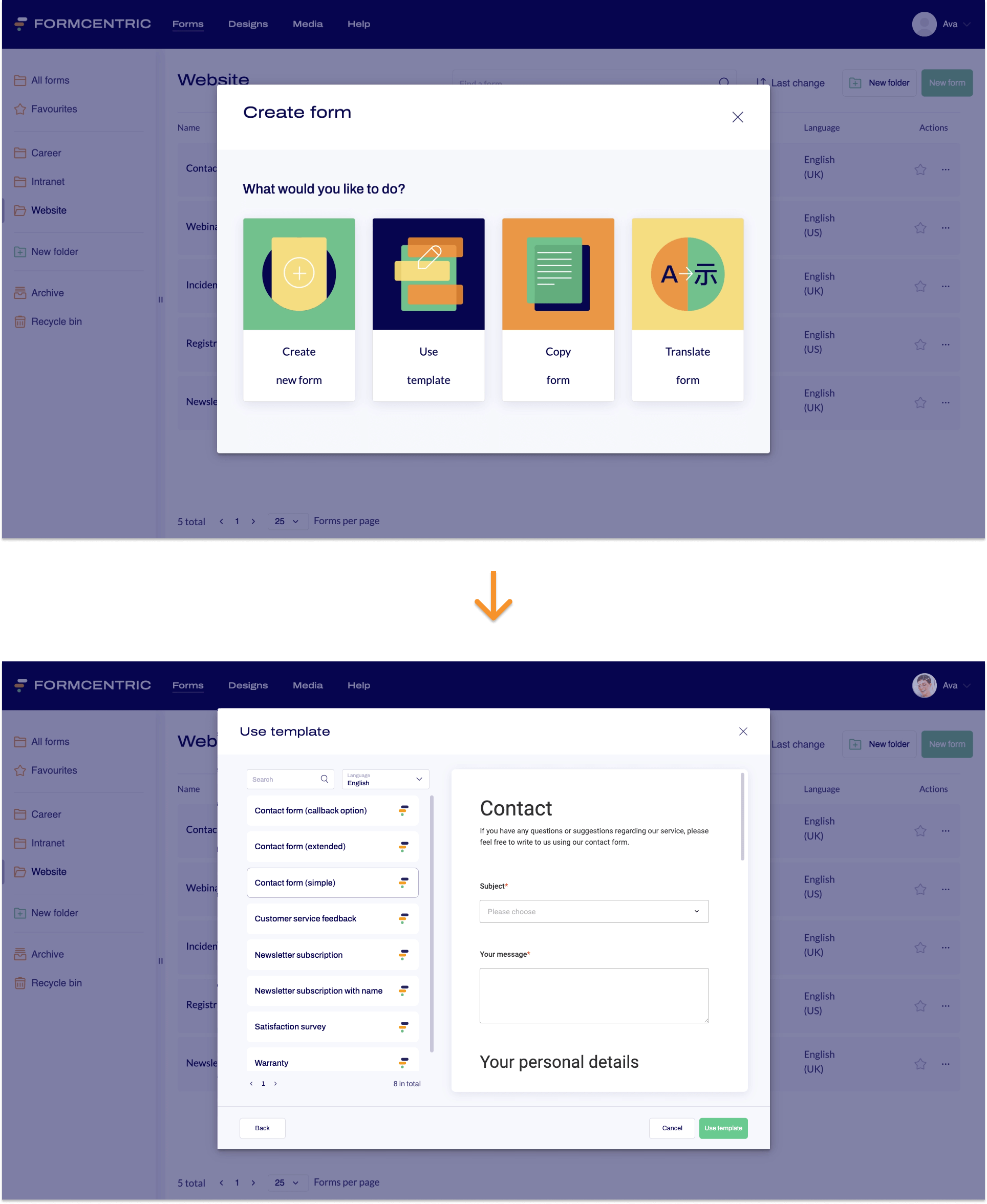 Screenshot of the Create Form dialogue box. Below this, an arrow points to a screenshot showing various templates.