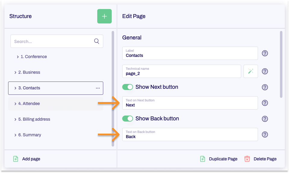 A section of the Editor. Arrows point to Text on Next-Button and Text on Back-Button in the editing area.