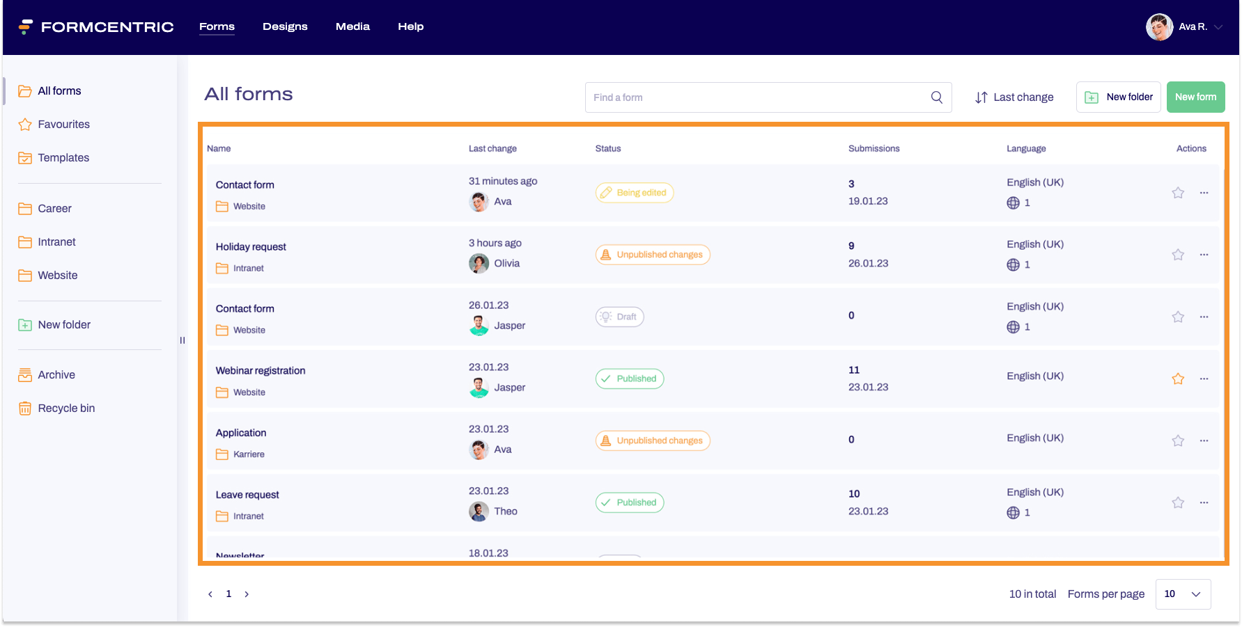 Screenshot of the Forms area with an orange frame around the forms listed there.