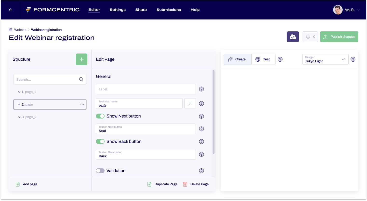 The page properties of a form are shown in the editing area of the editor.
