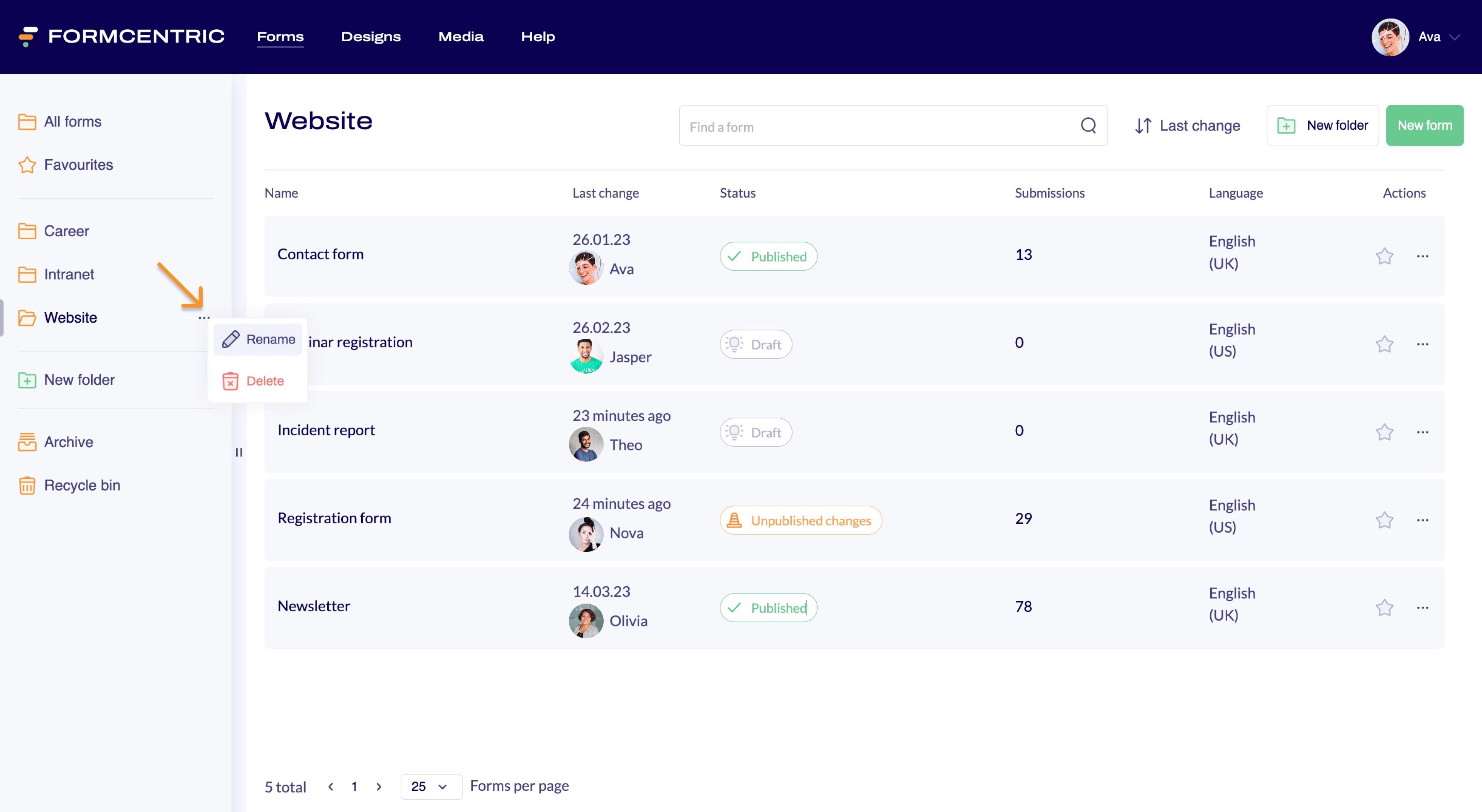 Screenshot of the Forms area with an arrow pointing to Rename in the open context menu.