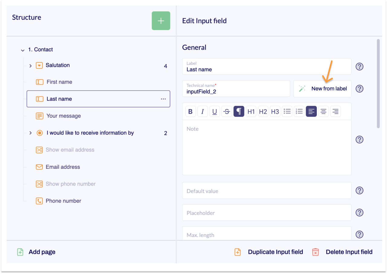 A section of the Editor showing the form tree and editing area. An arrow points to New from label. 
