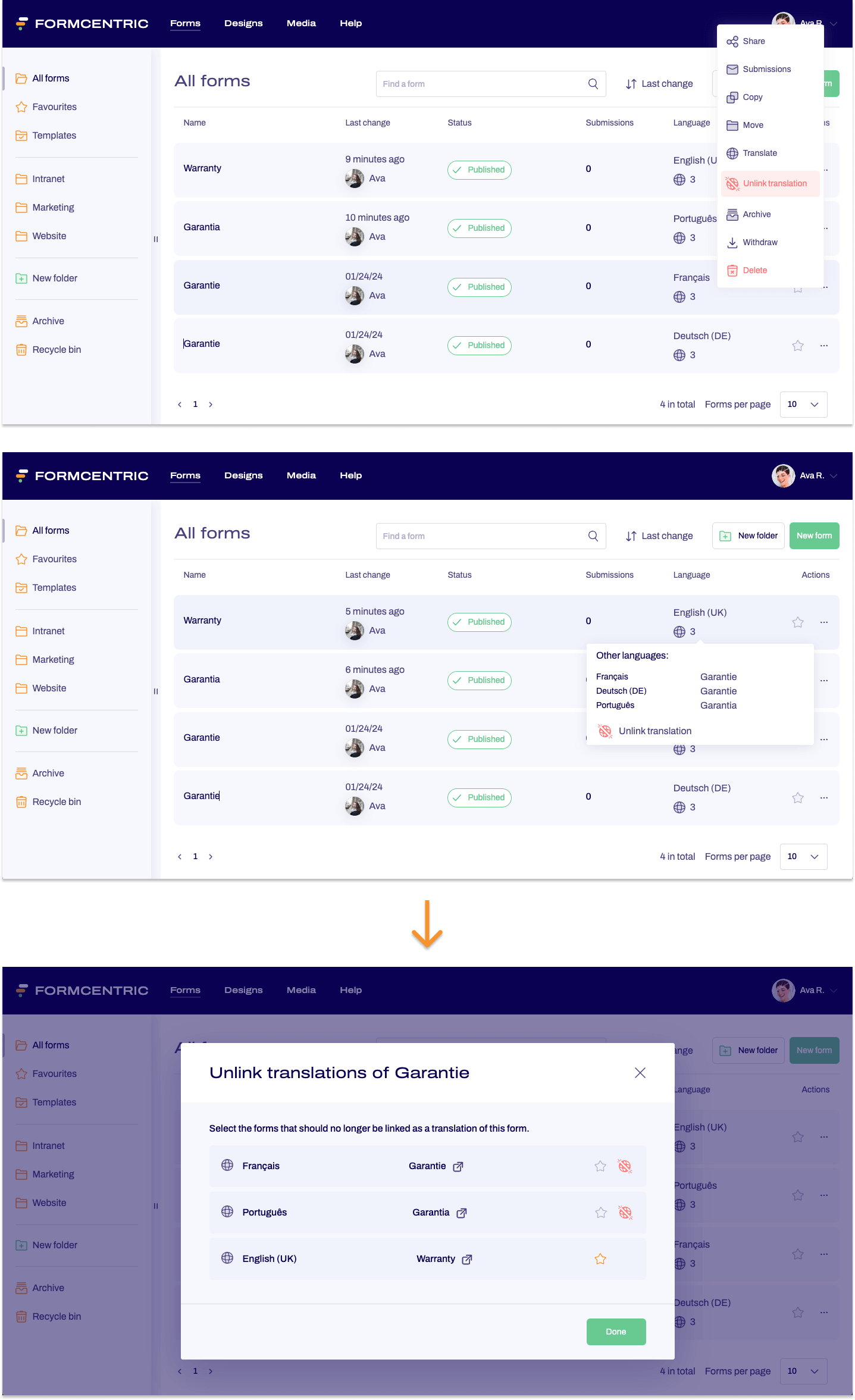 You can see 3 screenshots. The first two show how the translation resolution is called up under 'Language' or in the three-point menu. The third screenshot shows the modal in which translations can be resolved.