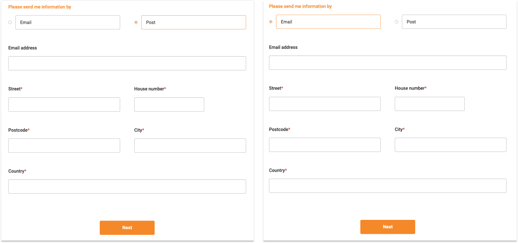 Two forms shown with all form elements regardless of the choice made.