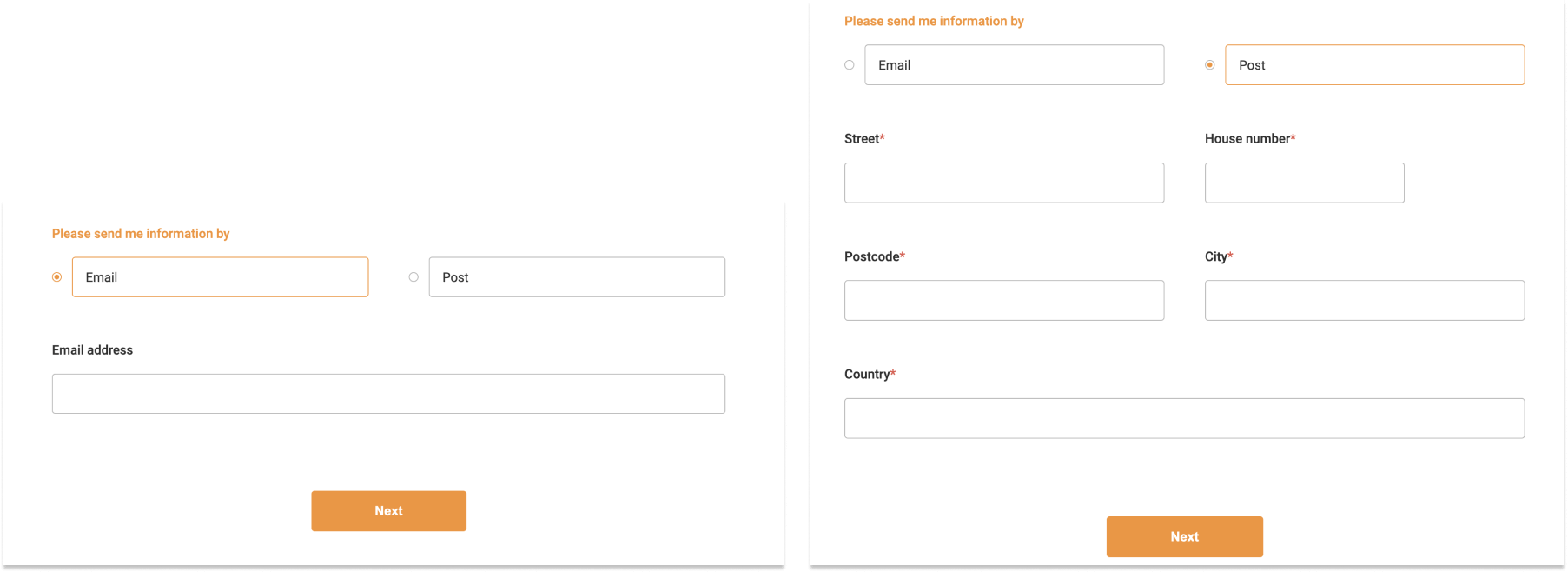 Two forms a shown. Depending on what is selected different form elements are visible.