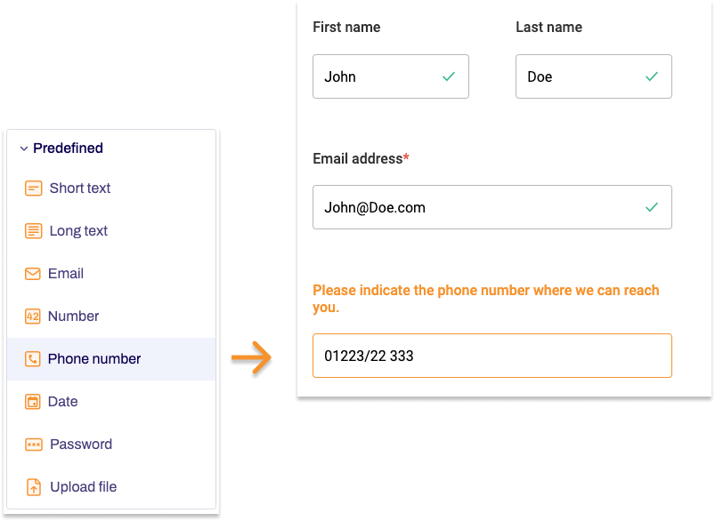The form elemente Phone number is shown.