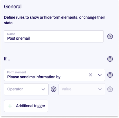Condition is show. The single field element is selected.