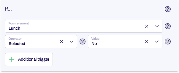 A condition is shown. The form element Lunch and the operator Selected are selected.