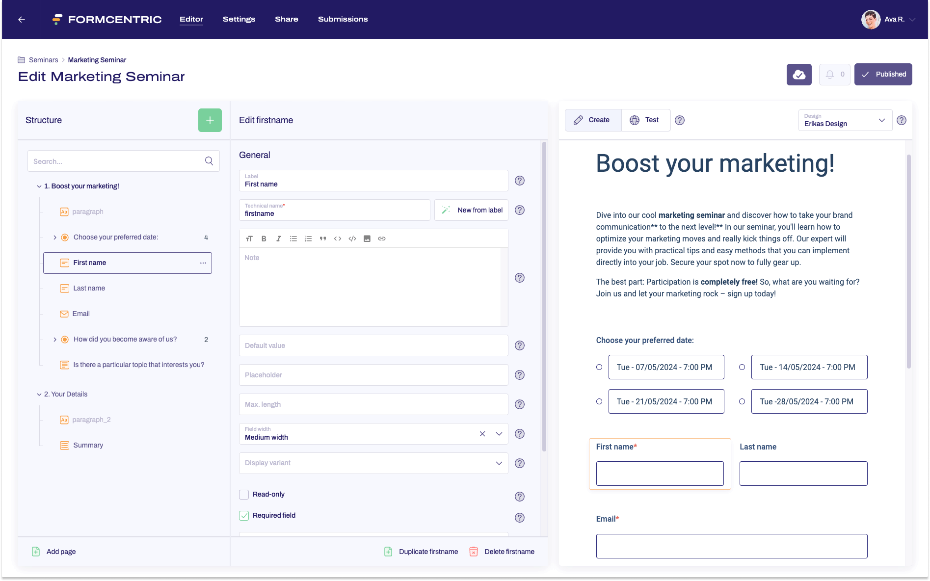 The editor is visible. The marketing seminar form is being edited. So far, it consists of a page with an introductory text, a selection for the seminar as well as personal data queries and a field for individual comments.