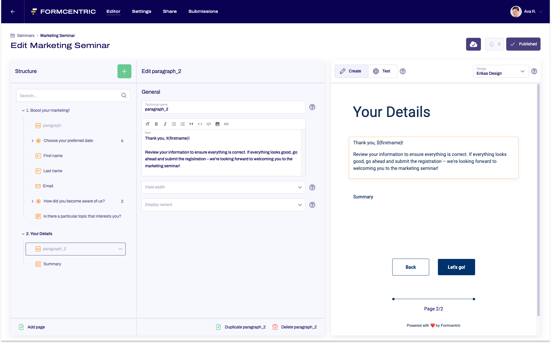 The editor is visible. The second page of the marketing seminar form is being edited. A text paragraph containing a personal salutation is open in the editing area. The technical name 'firstname', enclosed in curly brackets and preceded by a dollar sign, is used instead of a name.