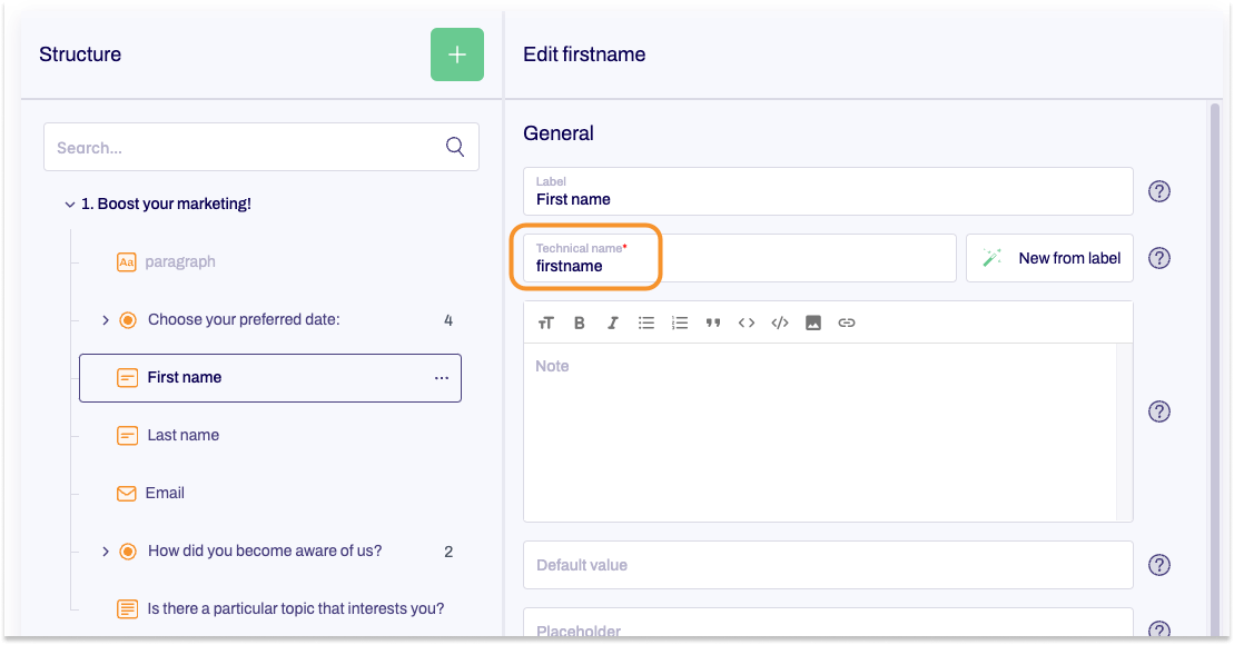 A section of the editor shows the editing area of the 'Short text' form element, in which users are asked to enter their first name. The technical name 'firstname' is highlighted in the editing area with an orange frame.