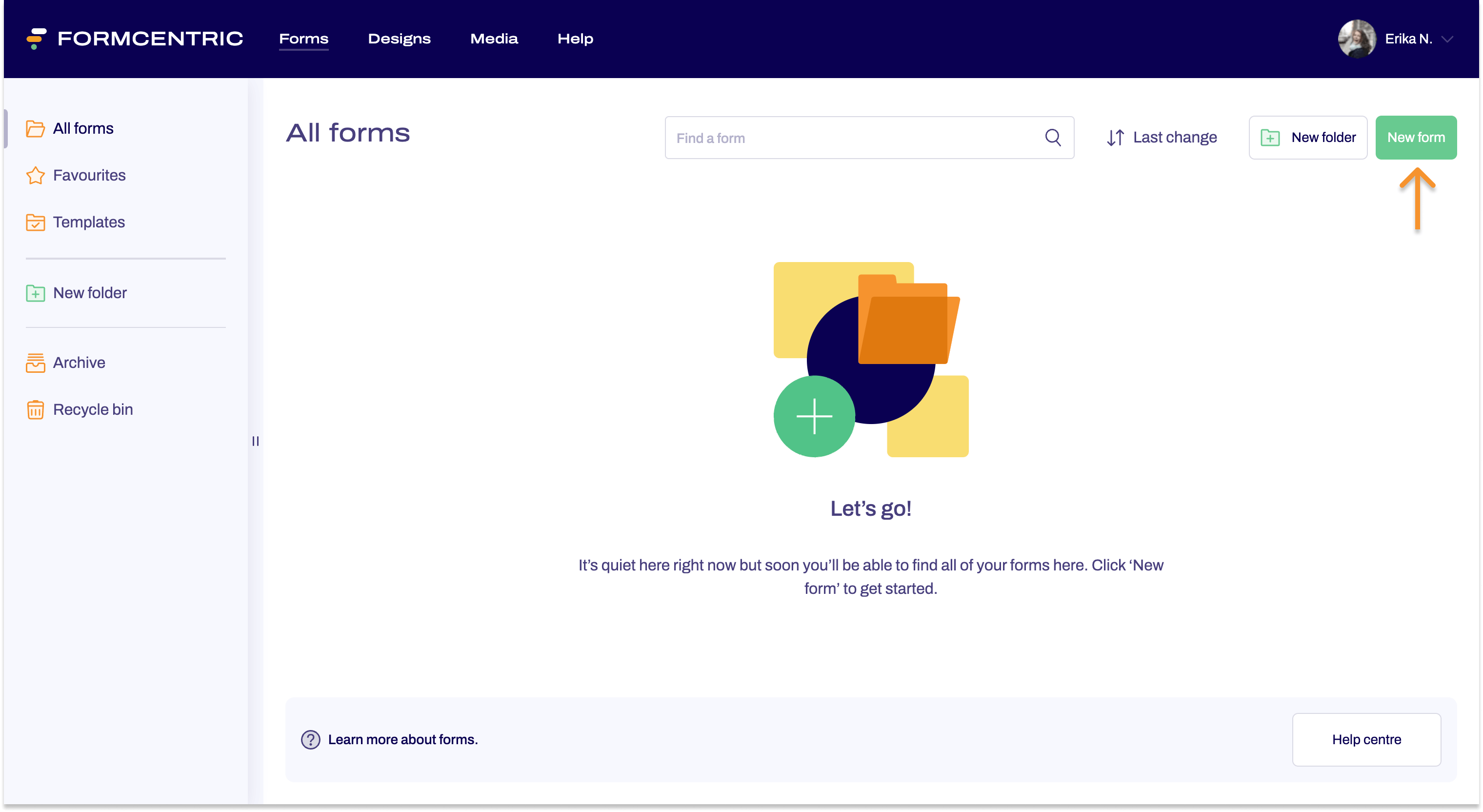 The Forms area is shown. An arrow points to the button New form.
