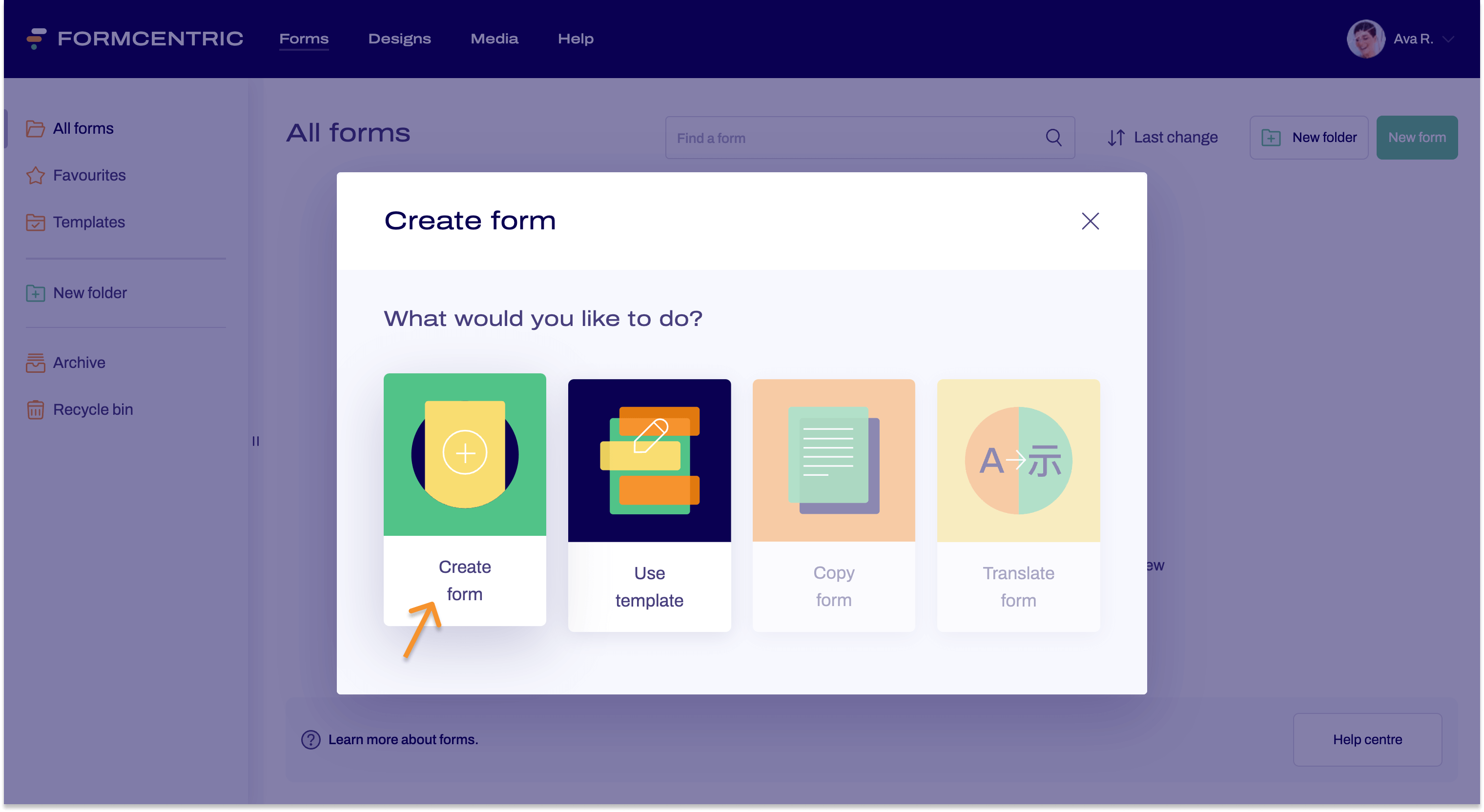 The modal form Create form can be seen. An arrow points to the card Create form.