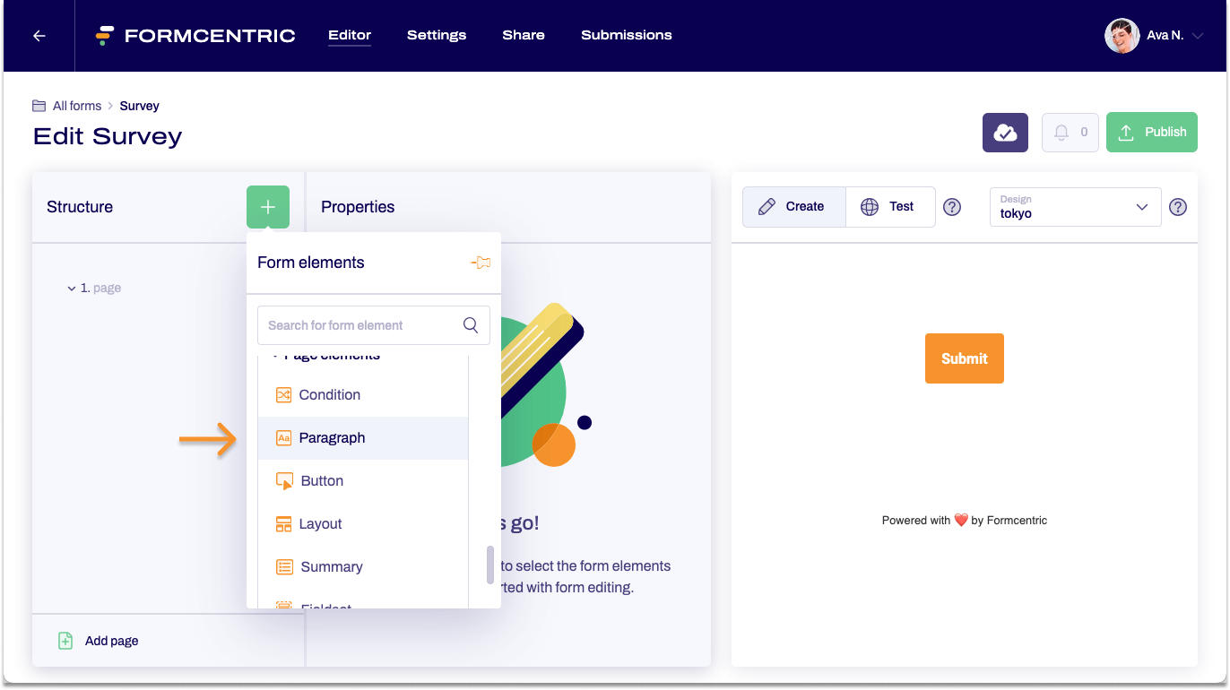 The editor and the selection of form elements can be seen. An arrow points to the text paragraph form element.