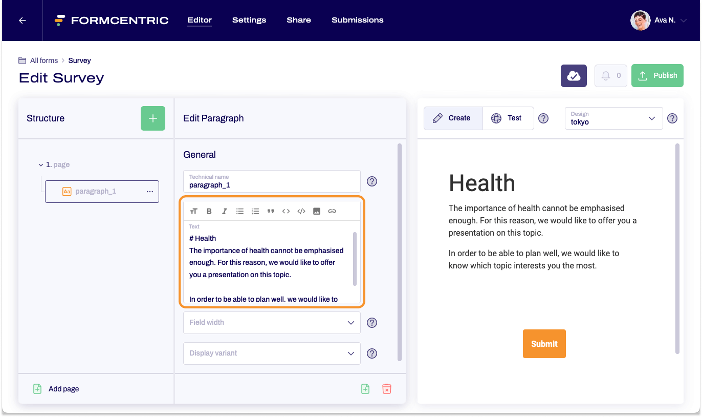 The editor is visible. The Text paragraph form element is being edited. Text can be seen in the text field. An orange frame highlights this area.