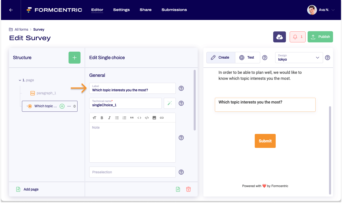 The editor is visible. A single selection is edited in the editing area. An arrow points to the input field for the labelling.