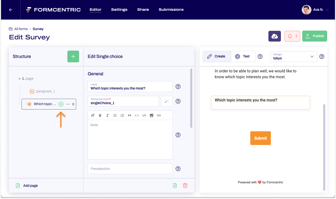 The editor can be seen in which a single selection is selected. An arrow points to the left in the form tree to the green plus sign next to the single selection