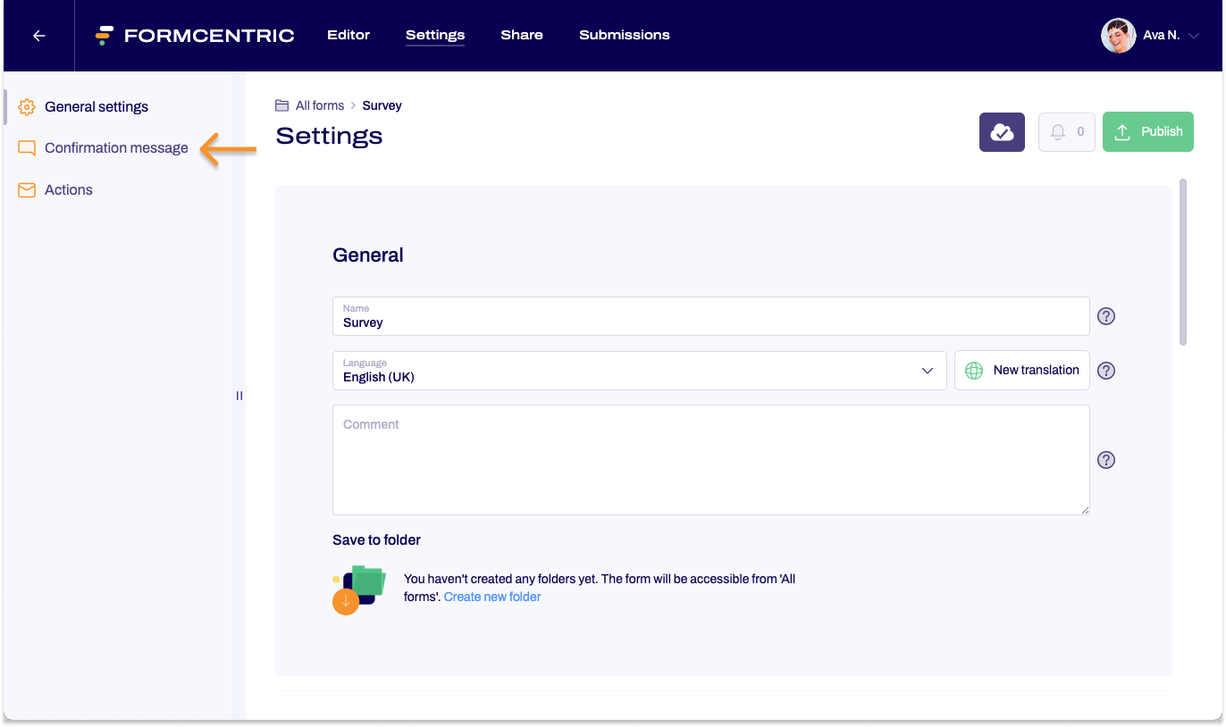 The Settings area is visible. On the left in the navigation, an arrow points to the Confirmation message item. 