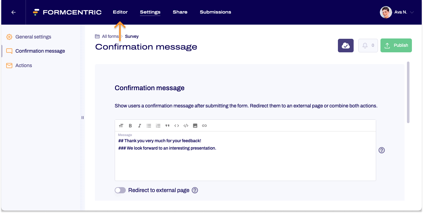 The Settings area is visible. An arrow points to Editor at the top of the navigation.