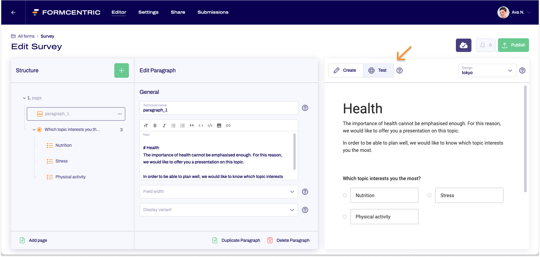 The editor is visible. An arrow points to Test in the view.