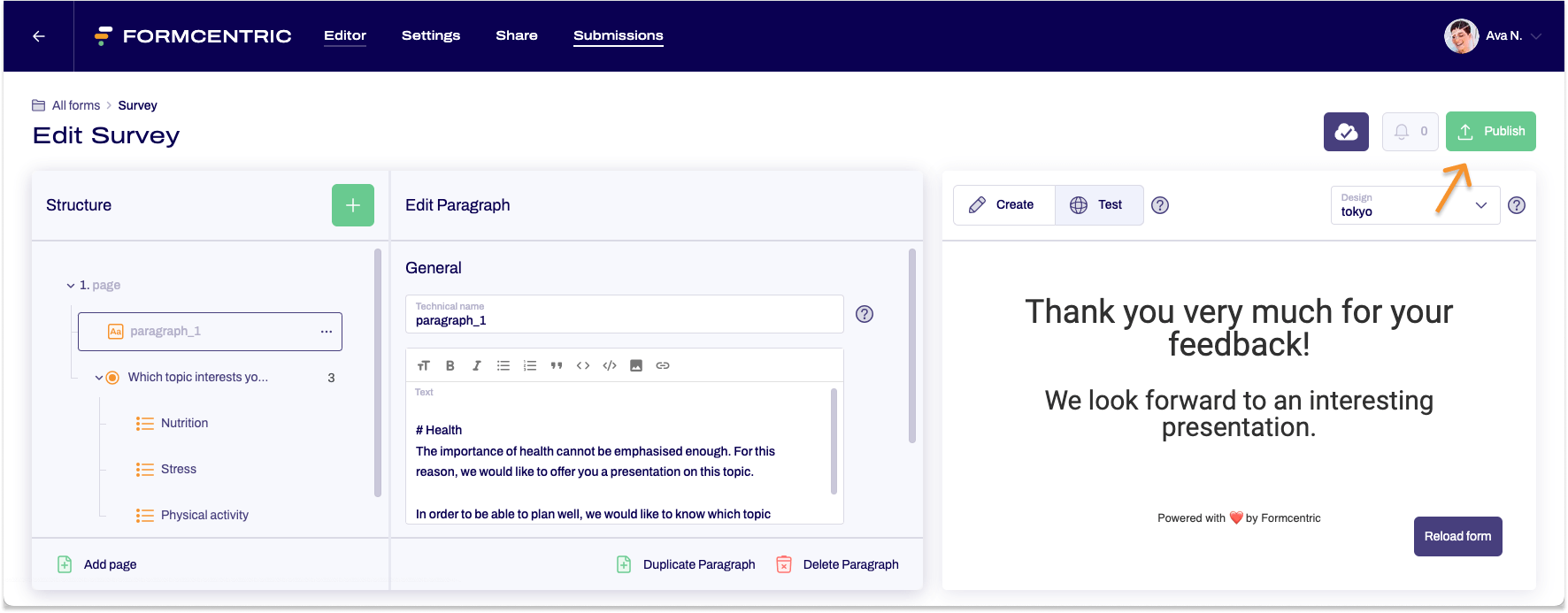 The editor is visible. An arrow points to the Publish button.