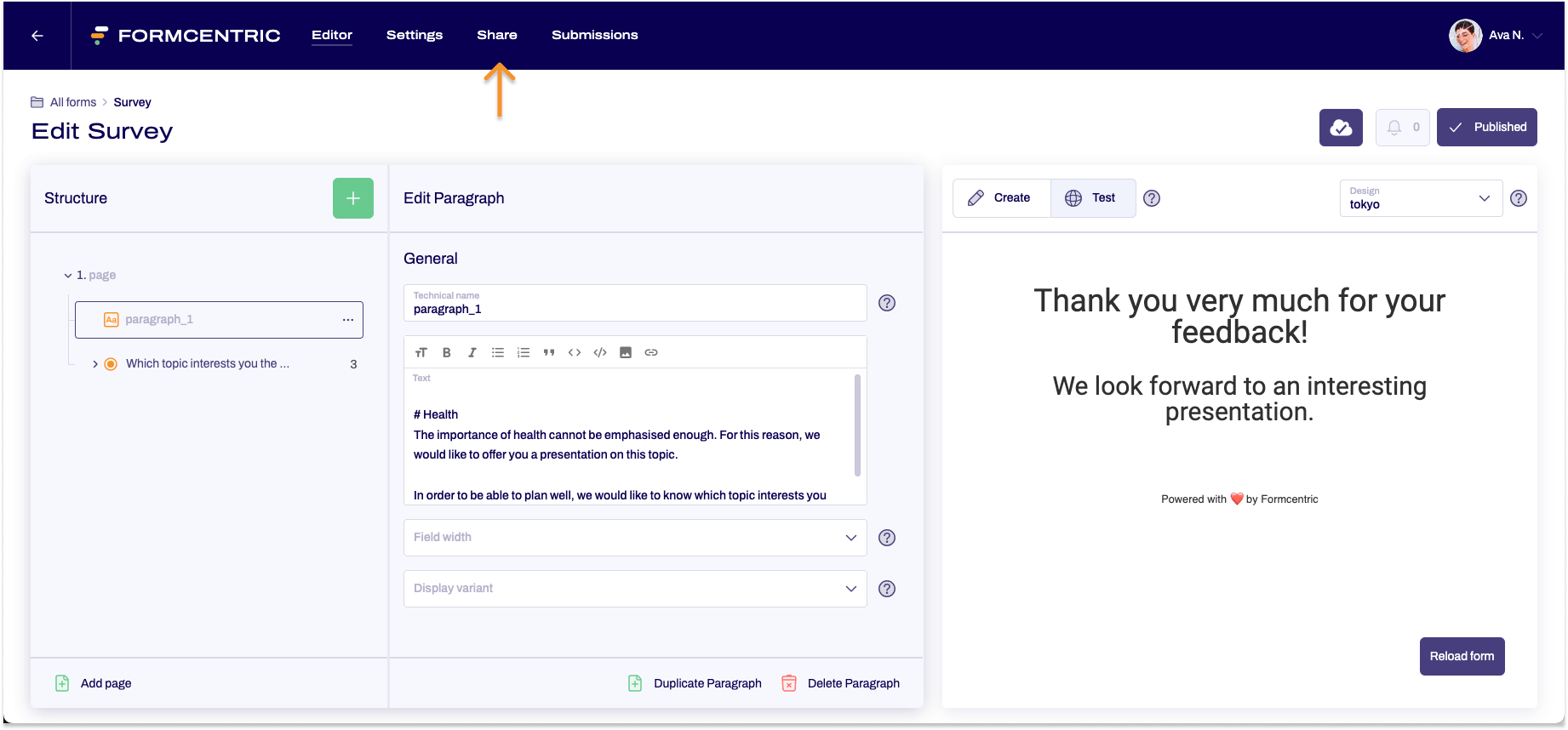 The editor is visible. An arrow points to Share at the top of the navigation bar.
